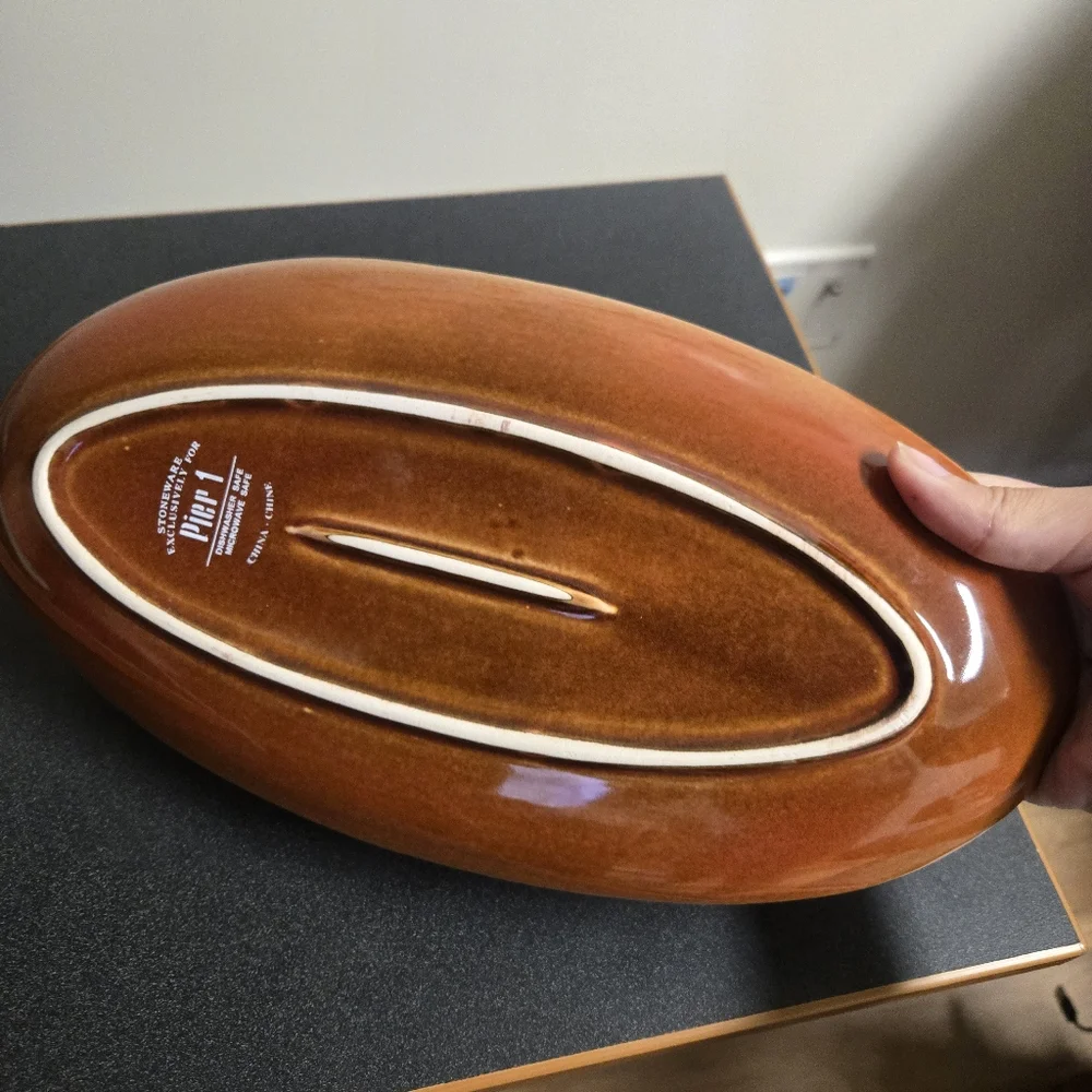 Pier 1 Oval Oblong Serving Dish Platter Rust Red Brown Ribbed